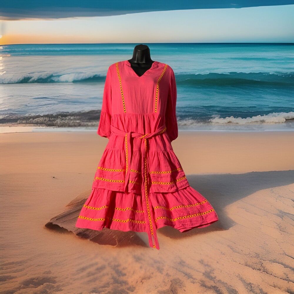Scoop Dress Pink Womens XS 100% Cotton V Neck Bell‎ Sleeves Belted Layers Skirt